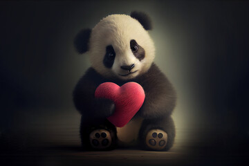 Wall Mural - baby panda holding heart, postcard for Valentine's day. Generative Ai