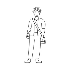 Wall Mural - Doodle illustration of standing young male student with bag in one hand and holding with another hand book front view. Young man standing with bag and book hand drawn icon in vector.