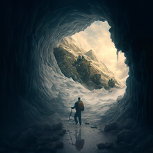  Hiker With A Backpack Walking Toward The Entrance Of An Ice Cave Made With Generative AI