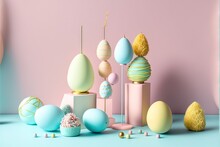 A Group Of Colorful Eggs Sitting On Top Of A Table Next To Each Other On A Blue Surface With A Pink Wall. Generative AI