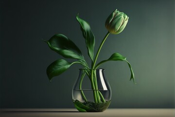 Poster - a vase with a flower inside of it on a table next to a wall and a green wall behind it. Generative AI