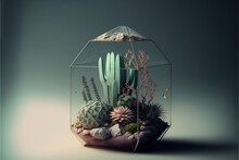 A Beautiful Representation Of A Glass Terrarium, Containing A Range Of Different Plants And Flowers.