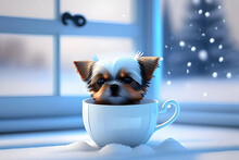 A Yorkshire Terrier Dog In A Teacup On A Snowing Background. Generative Ai.