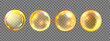 © Oleksandra - Castor oil, gold collagen circle set, 3D vector orange bubble kit, beauty vitamin product ball icon. Cosmetics liquid capsule crystal sphere transparent background. Gold collagen omega medial clipart