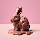 Fototapeta Do akwarium - Melted chocolate Easter bunny on pastel pink background. Generative ai. 