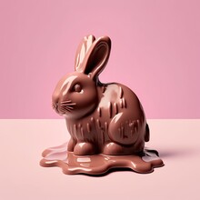 Melted Chocolate Easter Bunny On Pastel Pink Background. Generative Ai. 