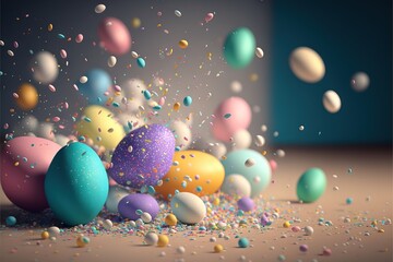 Poster - a bunch of colorful eggs are scattered around them on a table top with confetti on the floor.