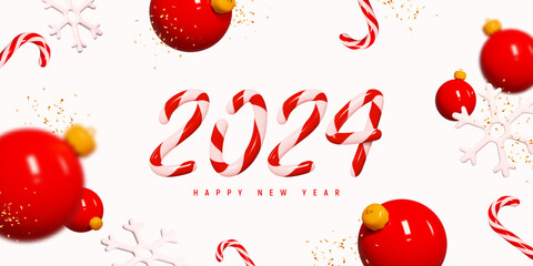 Wall Mural - 2024 Happy New Year banner. 3d candy number 2024 on pink background with plastic Christmas balls, snowflakes, candy canes and golden confetti. New Year holiday symbol. Vector illustration.