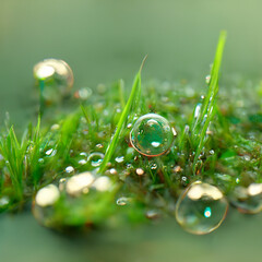 Juicy lush green grass on meadow with drops of water dew in morning.