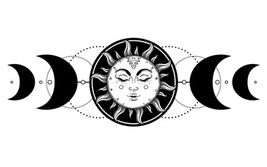 Sticker - Sun and Triple moon pagan Wicca moon goddess symbol. Three faced Goddess Maiden, Mother, Crone isolated vector illustration. Tattoo, astrology, alchemy, boho and magic symbol. Coloring book..