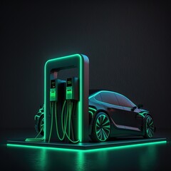 Neon power plant, green technology, the future of the automotive industry. Electric vehicle charging. AI