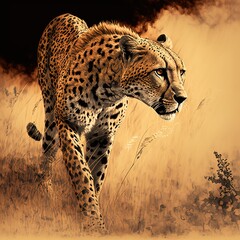 Wall Mural - Cheetah stalking fro prey on savanna, digital art. AI