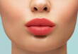 Females pout lips close up portrait. Blowing kiss. Lip hyaluronic injection and correction beauty procedure. Facial treatment concept
