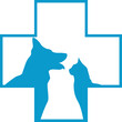 Veterinary logo. Blue medical vet cross with dog and cat. Pet care. Pet logo design. Isolated on white background. Vector illustration.