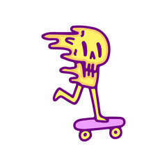 Funny distorted skull character riding skateboard cartoon, illustration for t-shirt, sticker, or apparel merchandise. With modern pop and retro style.