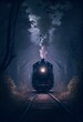 steam train in dark night going through a forest, 3d illustration