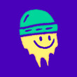 Melted smile emoji face wearing beanie hat cartoon, illustration for t-shirt, sticker, or apparel merchandise. With modern pop and retro style.