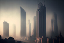 Picture Reveals Structures Are Blanketed In Mist And Haze In Jakarta, Indonesia, On June 22, 2022. Daytime Haze Over Towering Buildings In Jakarta. Generative AI