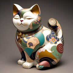 Wall Mural - Maneki neko cat, dynamic, colorful pattern in porcelain style illustration made with Generative AI