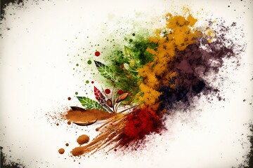 Poster - a multicolored painting of leaves and flowers on a white background with a black border around it and a white background with a black border.