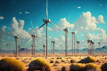 A Painting Of A Desert With A Bunch Of Windmills In The Background And A Blue Sky With Clouds. Generative AI