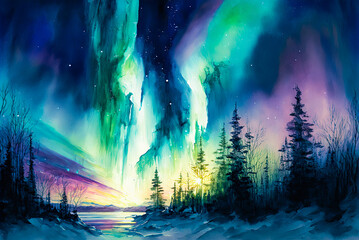 aurora borealis, northern lights watercolor painting. generative ai