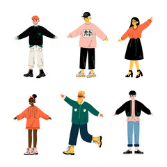 Poster - Diverse Teenagers Standing and Wearing Trendy Clothing Vector Set