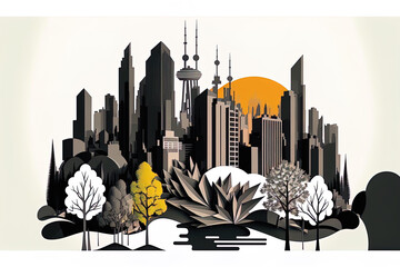 Wall Mural - representation of a cityscape. Life in the city and the country, with a skyline of office buildings, skyscrapers, trees, factories, and windmills. View of a city on a white backdrop. Downtown s