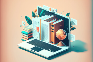 website offering online education. application education. a computer with pages open. illustrations.
