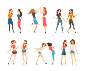 Sticker - Woman Best Friends Spending Good Time Together Meeting and Talking Vector Set