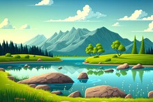 Summer Backdrop Natural Parkland View Illustration Of A Cartoon Mountain Landscape With A Clean Pond, Green Field, Grass, And Rocks Set Against A Blue Sky With Fluffy Clouds. Generative AI