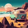 Camper, Vanlife style, poster  illustration, cover. Ai Generative