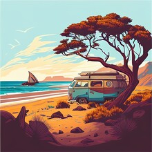 Camper, Vanlife Style, Poster  Illustration, Cover. Ai Generative