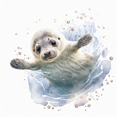 Poster -  a seal is swimming in the water with bubbles around it's neck and head. Generative AI