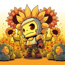  A Cartoon Character Standing In Front Of A Sunflower Field With A Skeleton In The Middle Of It's Head.