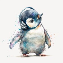 A Penguin With Headphones On Its Head Is Standing Up And Looking At The Camera With A White Background.