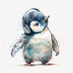  a penguin with headphones on its head is standing up and looking at the camera with a white background. generative ai