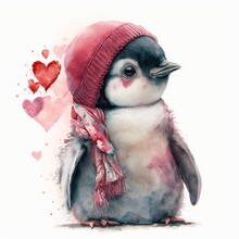  A Penguin With A Red Hat And Scarf On Its Head And A Heart Shaped Object In The Background With Watercolors.