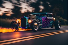  A Car Driving Down A Road With Flames Coming Out Of The Back Of It's Tires And The Front End Of The Car. Generative AI