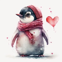 Poster -  a penguin with a scarf and a hat on it's head is standing in front of a heart. Generative AI