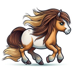 Poster -  a horse with long hair running on a white background with a brown tail and white spots on its face. Generative AI