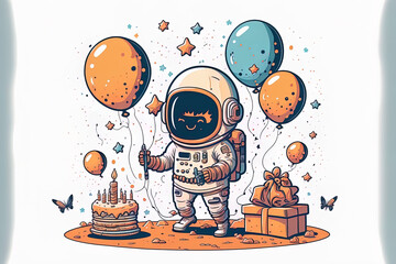 Canvas Print - Cartoon icon illustration of a cute astronaut celebrating a birthday party. Science Icon Concept for a Holiday, Premium Icon. Cartoonish flatness. Generative AI