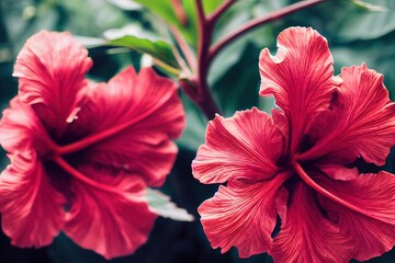  a close up of two red flowers with green leaves in the background and a blurry background behind them. Generative AI