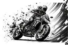  A Drawing Of A Man Riding A Motorcycle On A Track With Splashes Of Paint On It's Side.