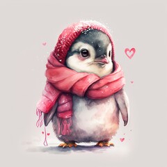 Wall Mural -  a penguin wearing a pink scarf and a pink hat with hearts around it and a pink scarf around its neck. Generative AI