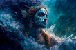  Lord Krishna Underwater.  Happy Janmashtami holiday Indian festival greeting background.  Image created with Generative AI technology.