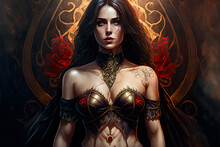 Portrait Of A Fantasy Dark  Female Warrior . Fantasy Illustration.  Image Created With Generative AI Technology.
