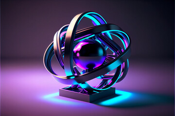 3d render, abstract geometric shape with neon light, levitating metallic ball with glowing ultraviolet rings