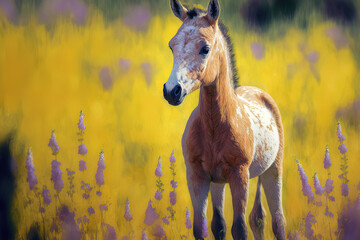 Sticker - A summertime image of a foal standing in a field. Generative AI