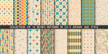 Collection Of 16 Fifties Modern Atomic Retro Seamless Vector Patterns. Big Vintage Trendy Set. 50s Textures